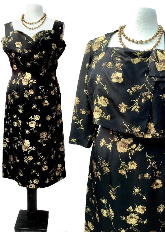 1960s Vintage Frederick Starke Black Floral Silk Dress Set with Box Jacket Fitted Jacket Loose Jacket Oversized Jacket