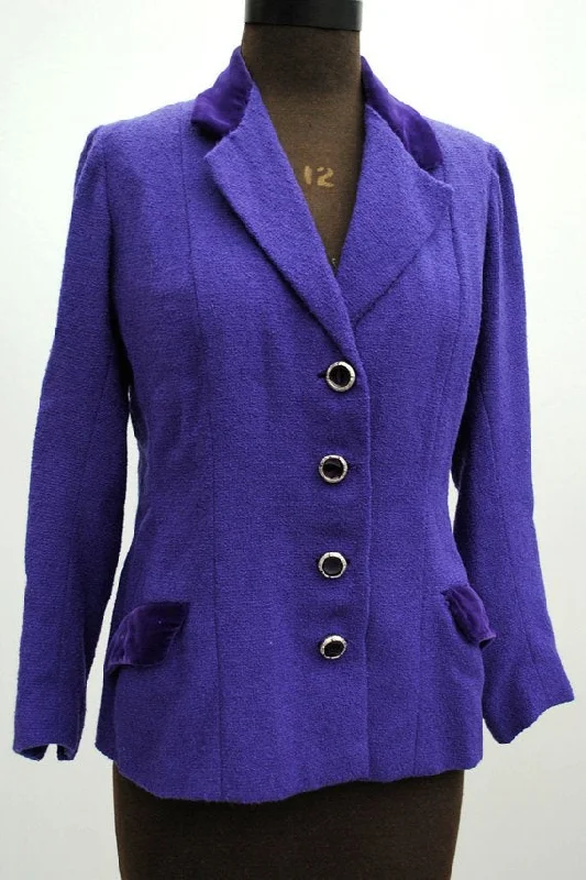 1960s Women's Vintage Purple Violet Boucle Blazer Jacket Welt Pockets Slit Pockets Flap Pockets