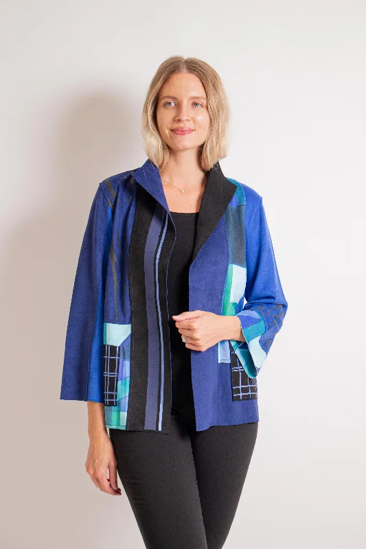 Blue Abstract Open Front Jacket Print Jacket Jacquard Jacket Embroidered Jacket