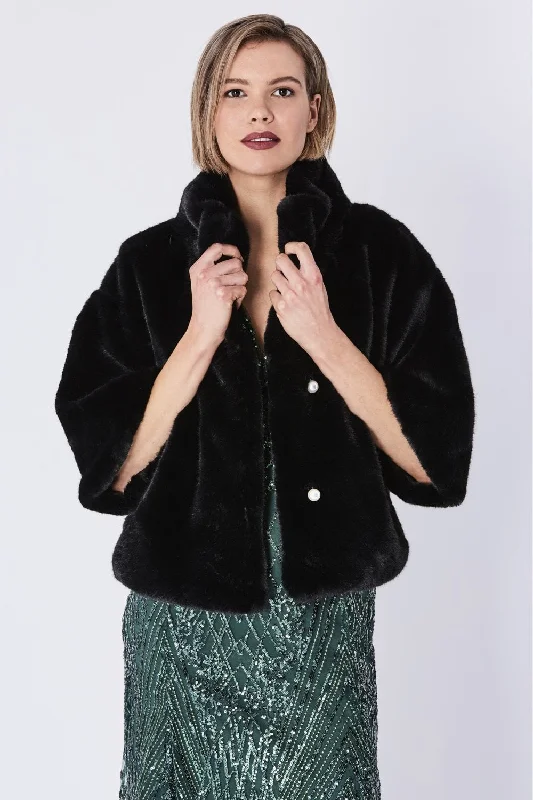 Black Faux Fur Jacket With Pearls Wool Fabric Cashmere Fabric Tweed Fabric