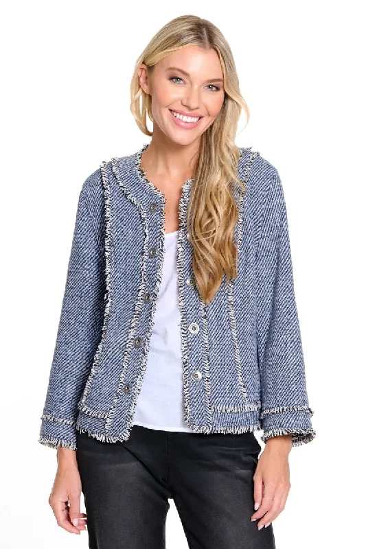 Blue/ White Front Button Jacket w/ Fringe Tailored Jacket Straight Jacket A-Line Jacket