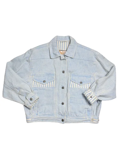 [M] 1980s Unisex Light Blue Boxy Denim Jacket Zippered Jacket Buttoned Jacket Snapped Jacket