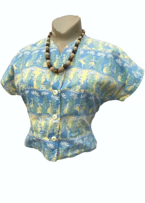 Vintage 1950s Powder Blue and Yellow Cotton Bolero Jacket • Daisy Pattern Stand-Up Collar Roll-Neck Collar Turtle Neck