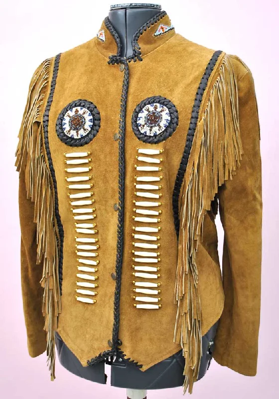 Vintage Western Beaded Fringed Suede Jacket Denim Fabric Leather Fabric Suede Fabric