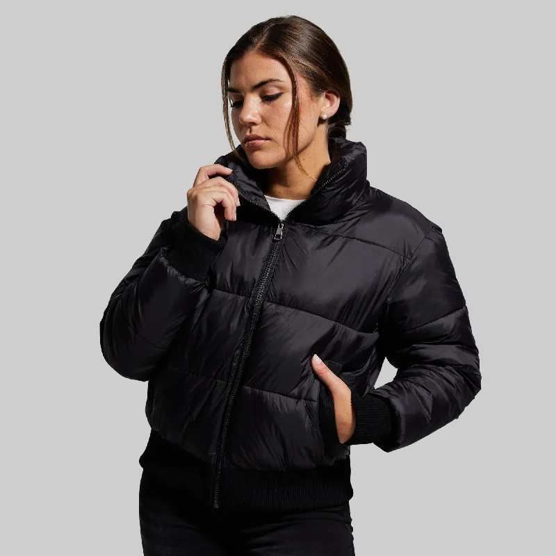 Warm Rush Cropped Puffer Jacket (Black) Satin Jacket Silk Jacket Chiffon Jacket