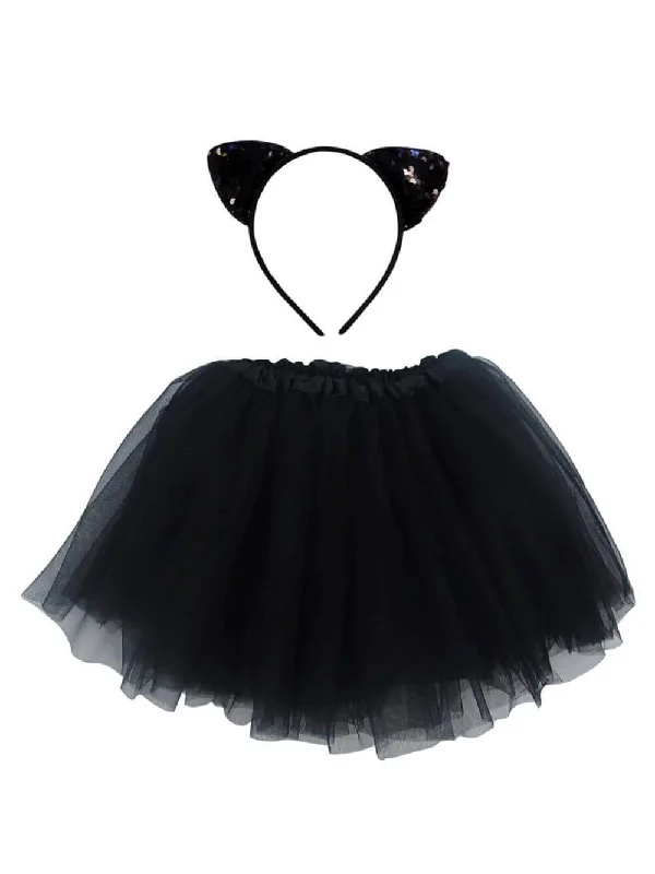 Adult Black Cat Costume - Tutu Skirt & Flip Sequin Headband Set for Adult or Plus Size lace skirt intricate