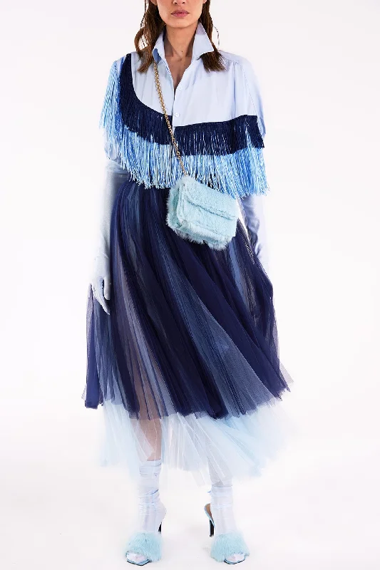 Asymmetrical fringed shirt with pleated tulle skirt maxi skirt elegant