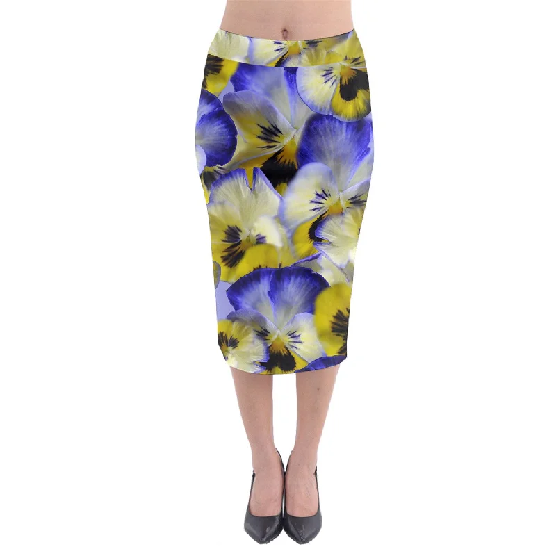 Blue and Yellow Pansies Midi Pencil Skirt floral skirt print