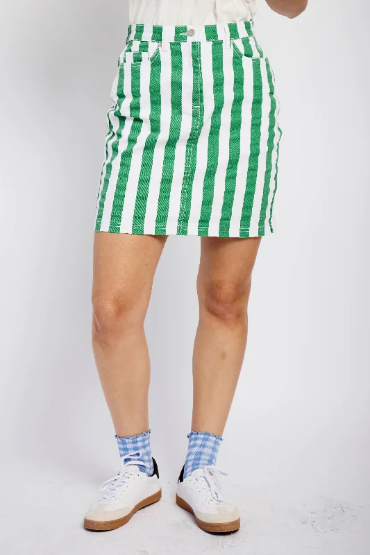 Denim Stretch Skirt in Green Stripe ruffled skirt detail