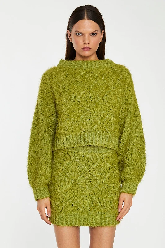 Grass-Green Cable-Knit Mini-Skirt flowy skirt hem