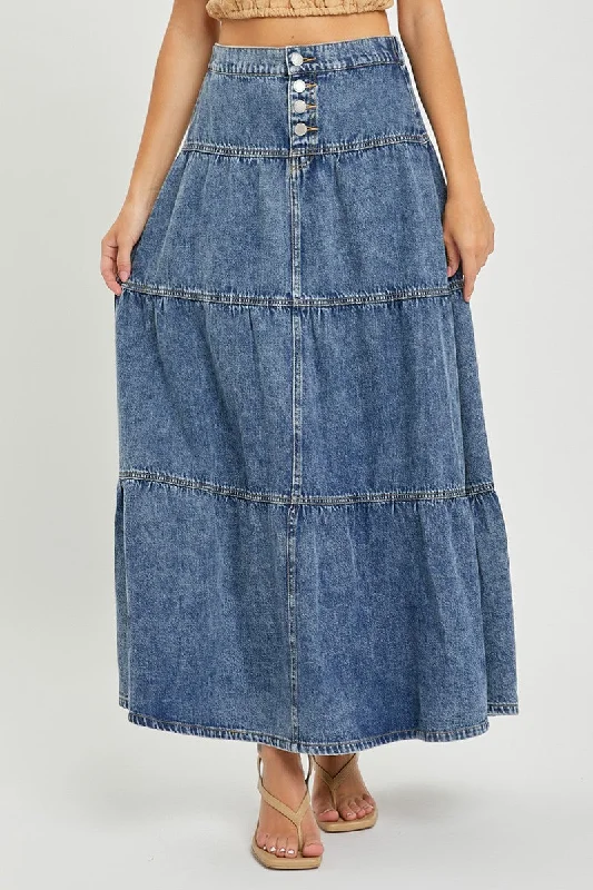 High Rise Tiered Long Denim Skirt 6128 velvet skirt plush