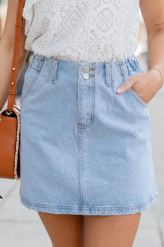 I've Been Thinking Light Wash Denim Paper Bag Waist Mini Skirt velvet skirt sumptuous