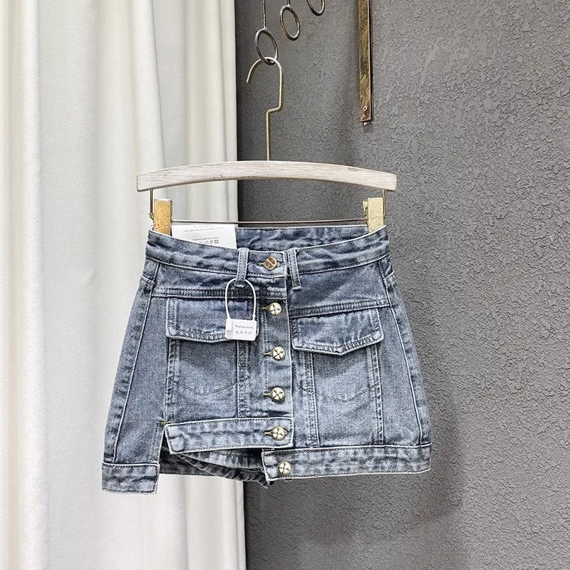 Single-breasted Mini Denim Skirt Women A-line Asymmetrical Skirts cashmere skirt rich