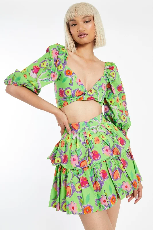 Neon-Green Floral Tiered Ruffle Mini-Skirt denim skirt durable