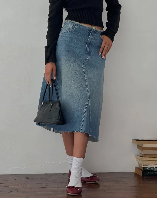 Low Rise Denim Midi Skirt in Vintage Blue Green boho skirt vibe