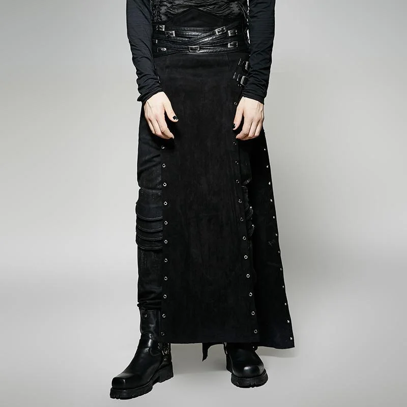 Men's Steampunk Buckle Up Side Slit Maxi Skirt zip skirt side