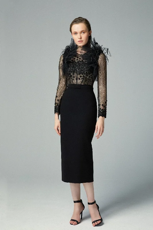 Mesh feathered top with midi skirt wool skirt thick