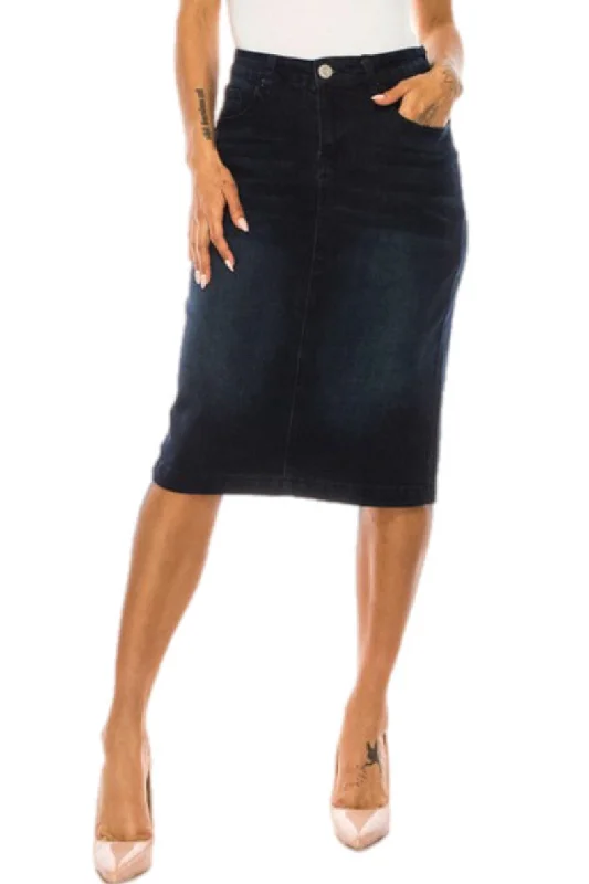 Mid Length Twill Skirt Style 79163 in Dark Indigo Wash leather skirt modern