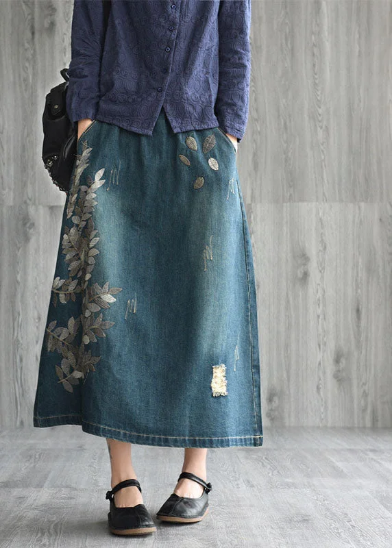 Natural Dark Blue pockets Embroideried Cotton denim Skirts Spring flowy skirt hem