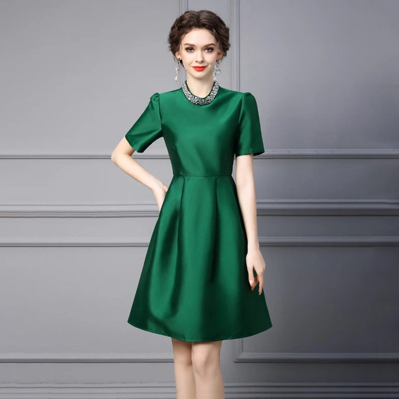 New Summer Style Goddess Bubble Sleeves Green Slim Fit A-line Skirt leather skirt modern