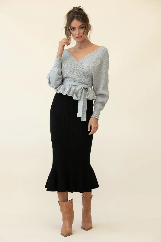 Shalon Ribbed Knit Fluted Hem Midi Skirt Antique Black breathable skirt fabric