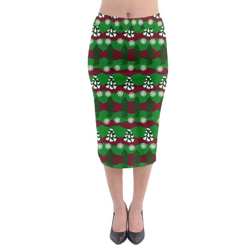 snowy evergreen pattern Midi Pencil Skirt linen skirt natural