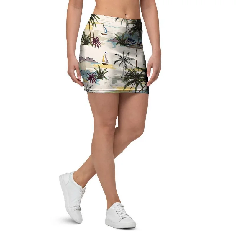 Tropical Palm Lead Island Print Mini Skirt denim skirt trendy