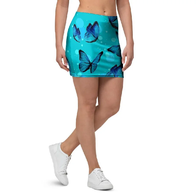 Turquoise Bubble Butterfly Print Mini Skirt silk skirt elegant