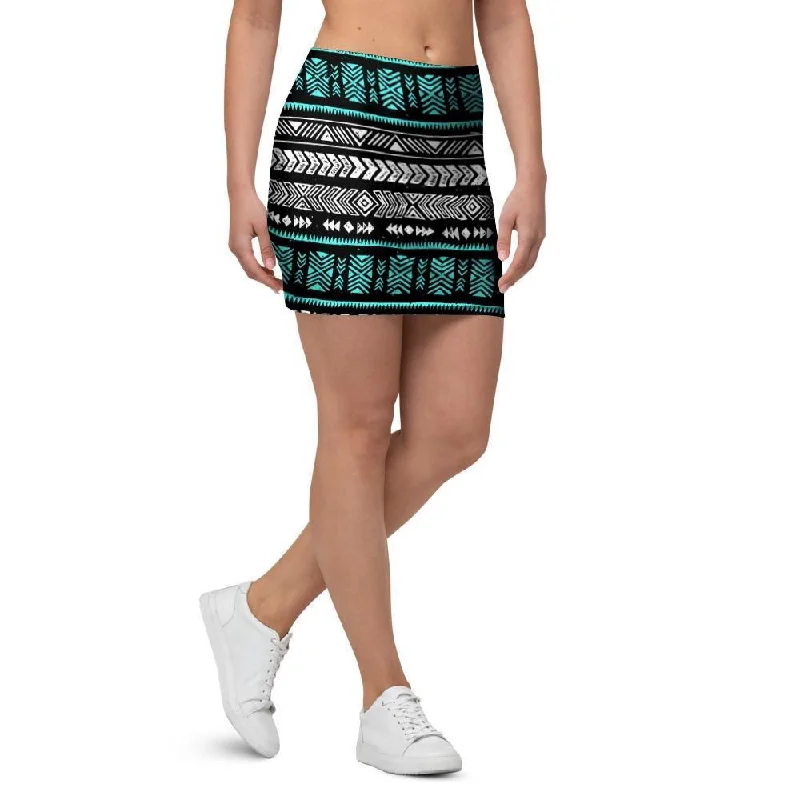 White and Turquoise Tribal Navajo Hand Drawn Mini Skirt lace skirt delicate