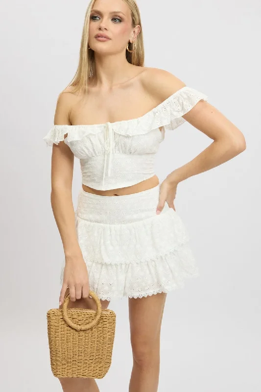 White Mini Skirt High Rise Shirred Waist Broidery Eyelet lace skirt intricate