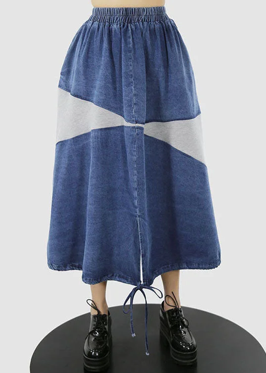 Women Blue white elastic waist drawstring Patchwork denim Skirt Spring linen skirt natural