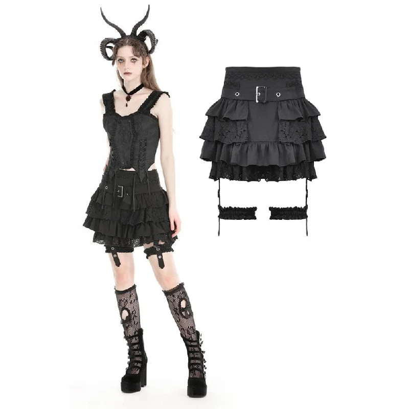 Women's Gothic High-waisted Lace Splice Skirt with Garter leather skirt sleek