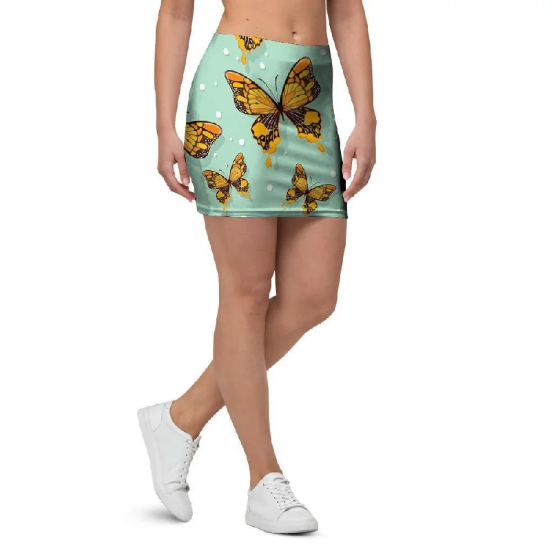 Yellow Butterfly Print Mini Skirt flowy skirt hem